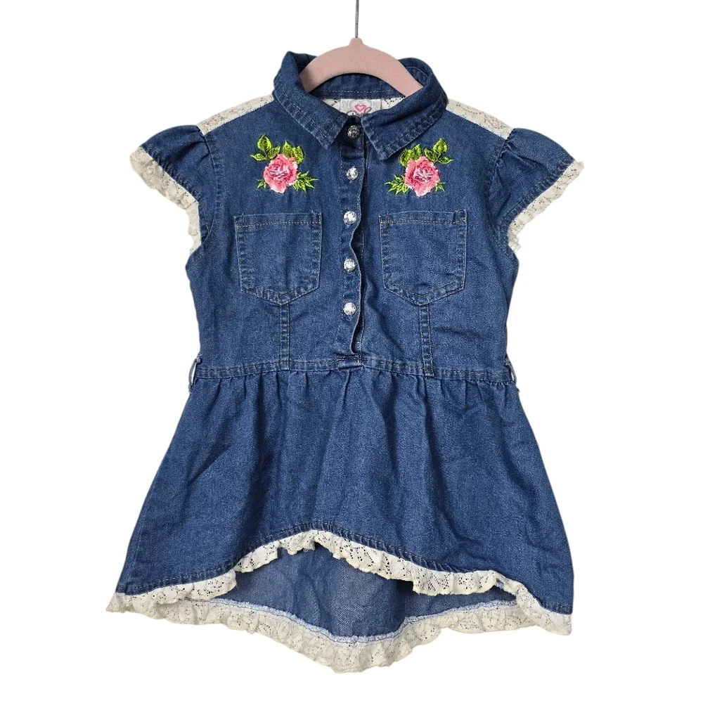 Real Love Chambray Lace Floral Embroidery Half Button Down Dress Girls 5/6